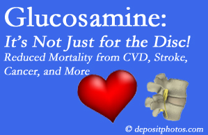 St Peters health benefits from glucosamine utilization include reduced overall early mortality and mortality from cardiovascular issues.
